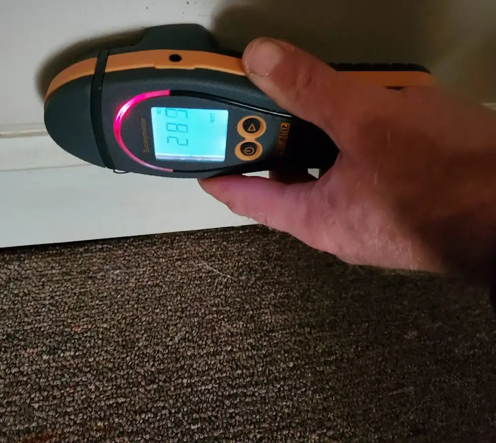 Moisture detection at baseboard during Storm Damage Restoration in Bedford